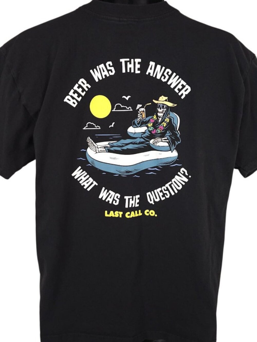 Last Call Co T Shirt Mens Size Large Black Beer Was The Answer Skeleton